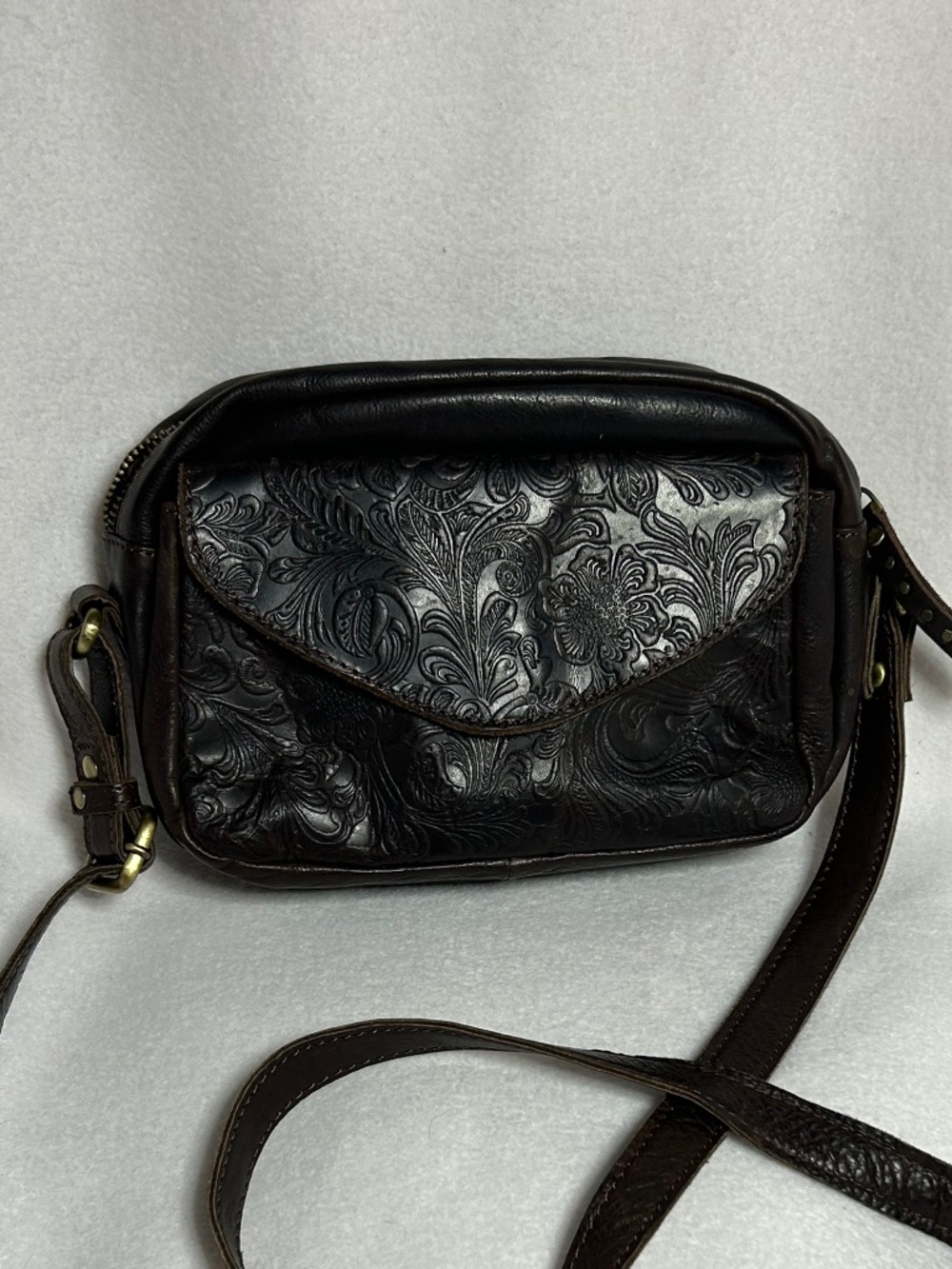 Embossed leather crossbody purse in chocolate brown